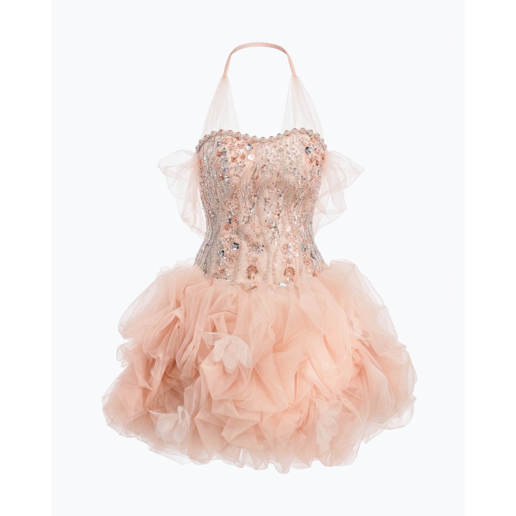 LOVELYN Shira – Đầm ngắn hồng pastel đính pha lê corset cúp ngực, chân váy tulle bồng xòe