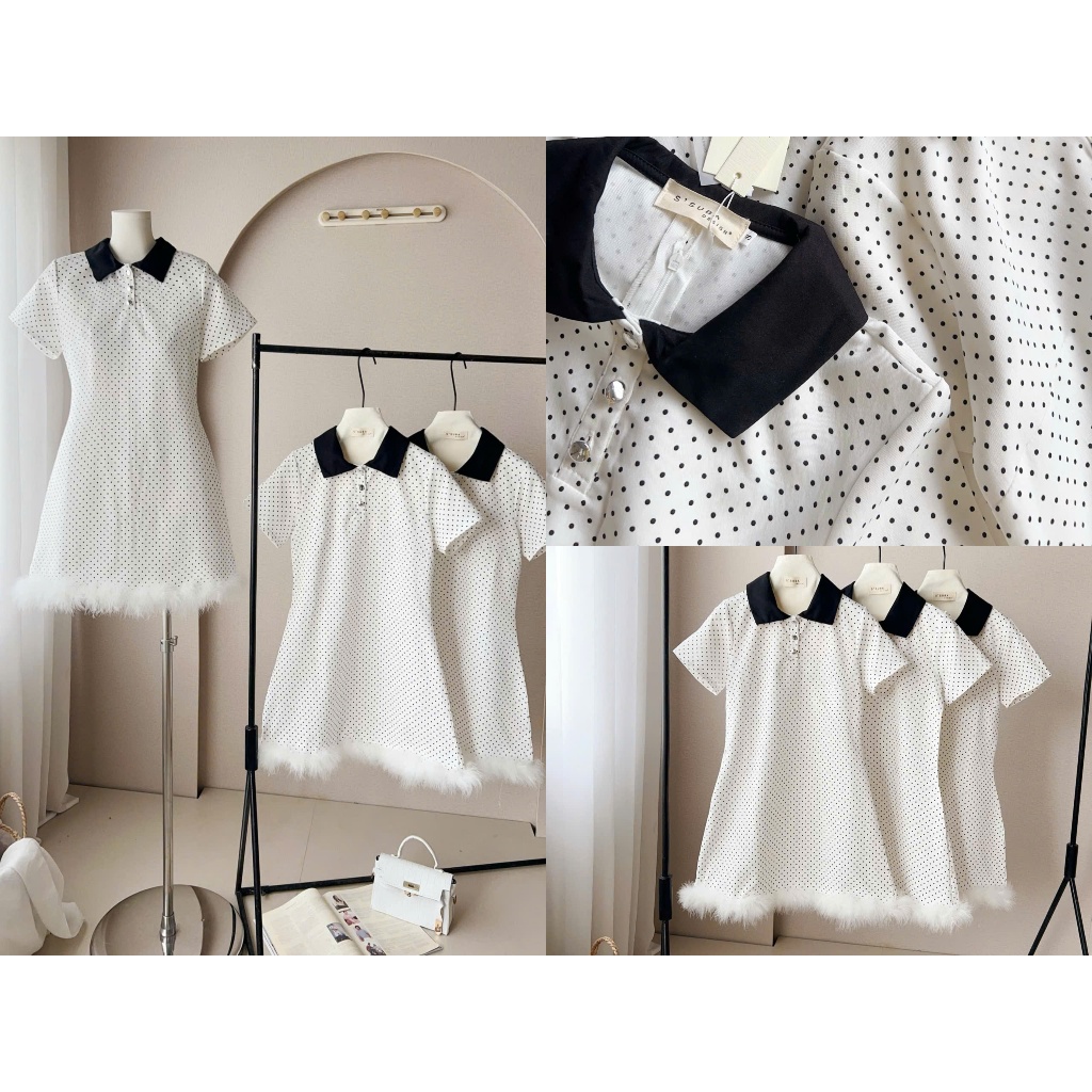 (Hàng Shop): Váy Chấm Bi Cổ Sơ Mi Đen Cúc Gương Dáng Ngắn Phối Lông Cực Yêu-Ảnh Thật Lollaye