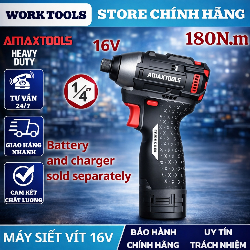 AMAXTOOLS Combo máy siết vít 180Nm pin 16V AV18014SA