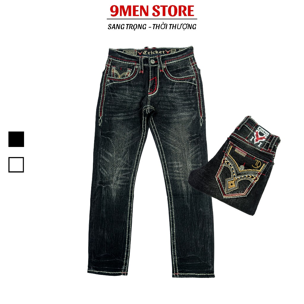 Quần Jean Rock Nam Cao Cấp Thêu Họa Tiết Đen Chỉ Trắng Form Slimfit Tôn Dáng Nút Kim Loại Cao Cấp D1