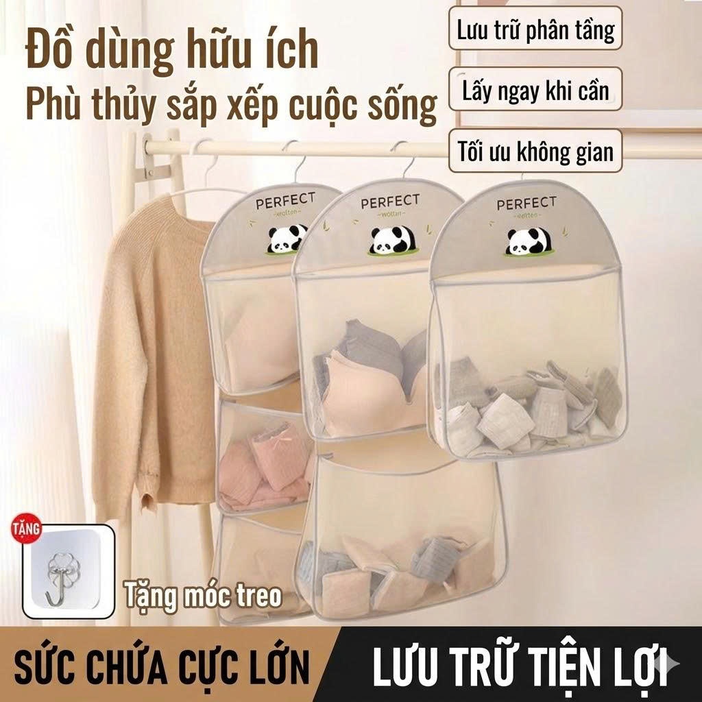 Túi lưới đựng đồ lót tất vớ treo tủ quần áo họa tiết gấu trúc ba loại 1/2/3 ngăn