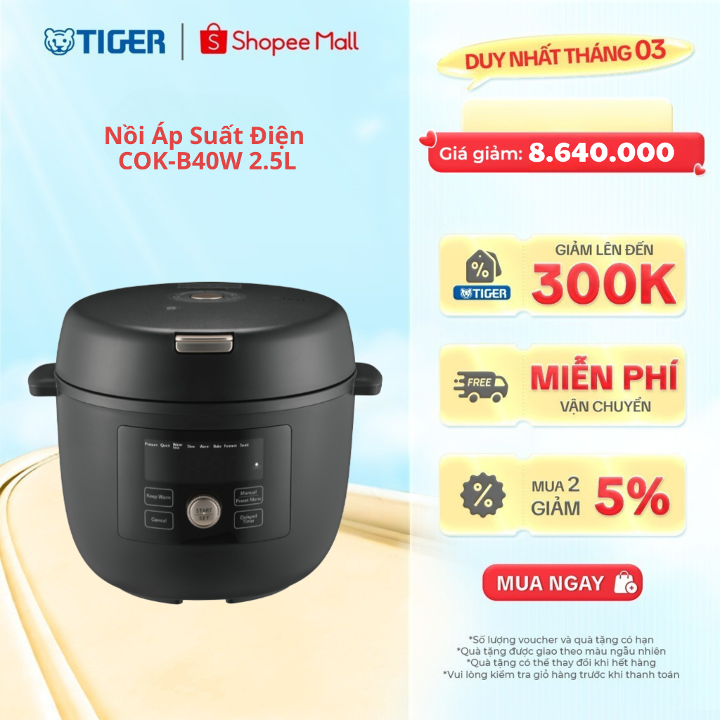 Nồi Áp Suất Điện TIGER COK-B40W 2.5L - Hàng chính hãng