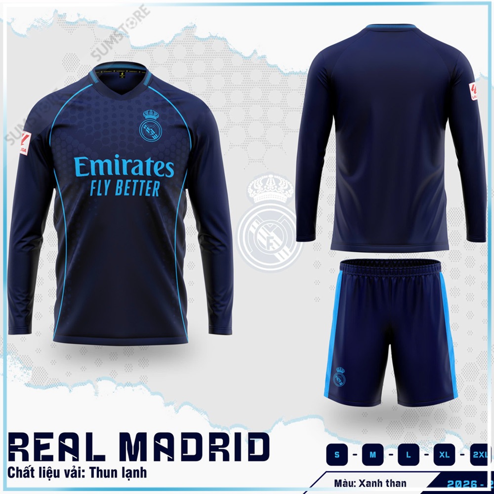 Bộ Áo Bóng Đá Real Madrid Xanh Đen Dài Tay - Đồ Đá Banh Tay Dài 2026