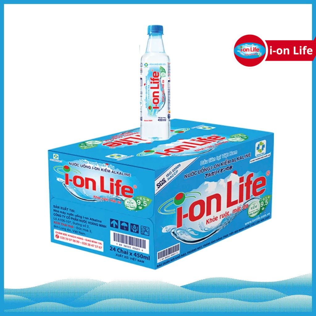 Thùng 24 Chai Nước Uống ION Kiềm Đóng Chai ION Life 450ml - Khỏe ruột Mát gan Hỗ trợ tiêu hoá, Trung