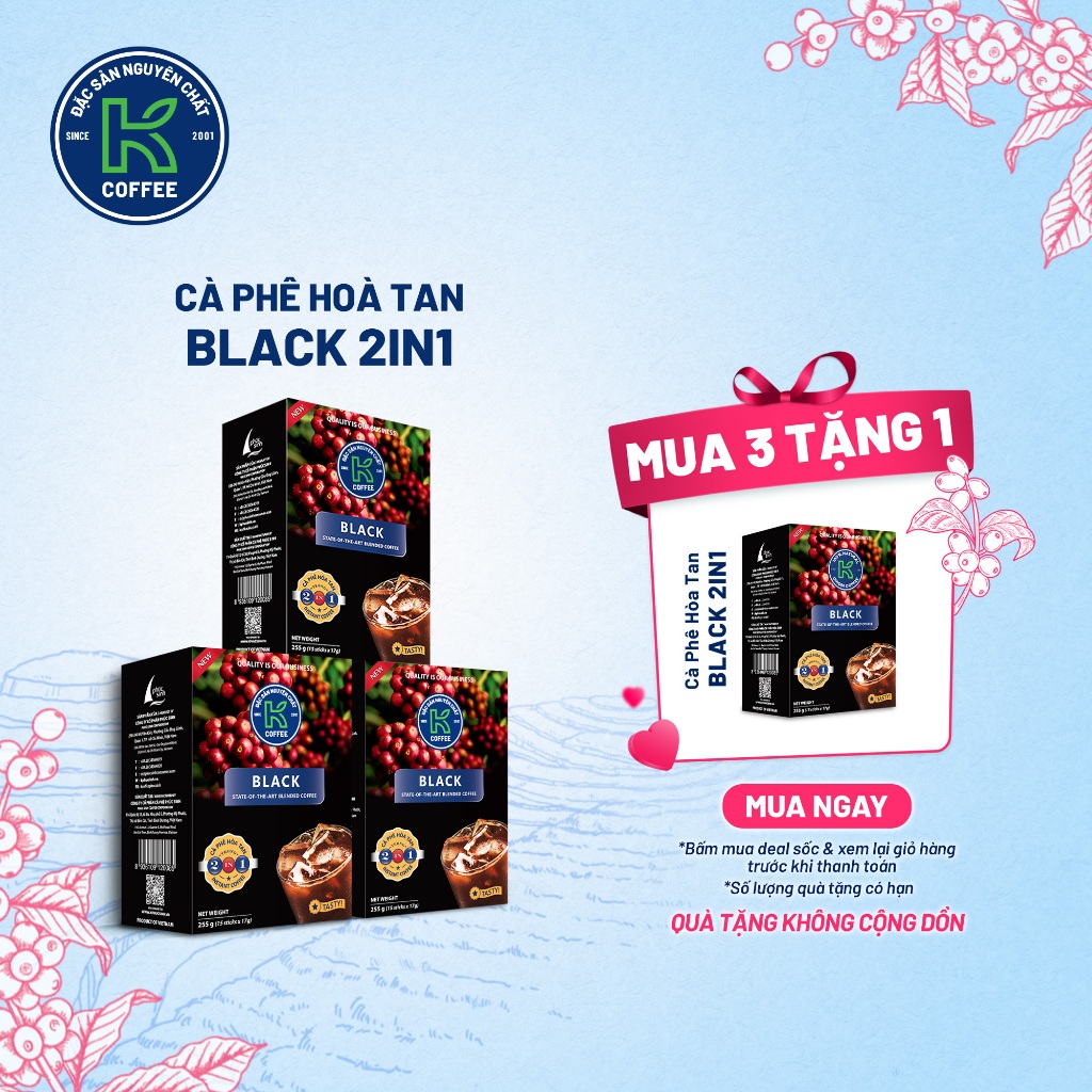 Cà Phê Đen Hòa Tan K Black 2in1 255g (Hộp 15 gói x 17g) Đậm Đà Như Pha Phin - Thương Hiệu K COFFEE