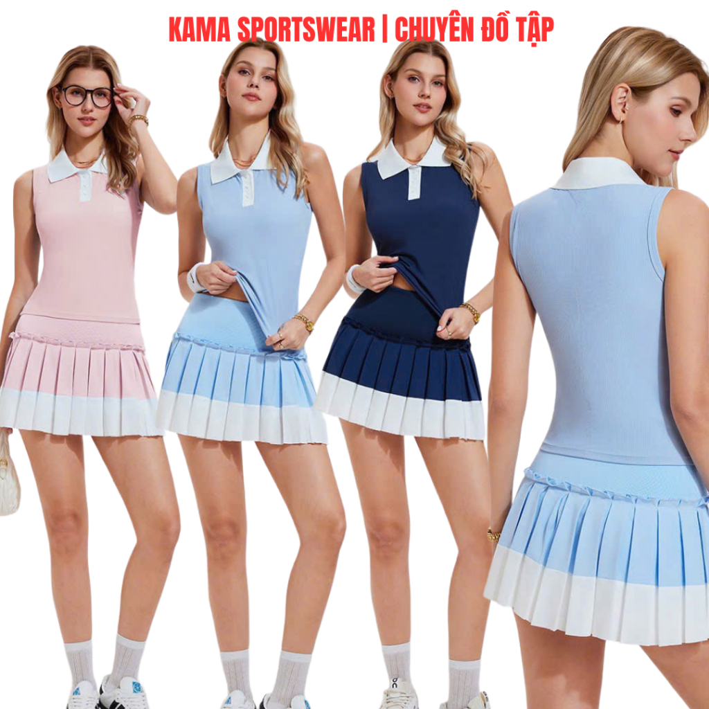 Bộ thể thao nữ Kama sport BP191, áo sát nách mix chân váy cạp dệt hàng QC tập pickleball, tennis