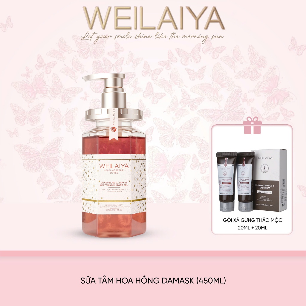 Sữa tắm trắng da cánh hoa hồng Damask Weilaiya hương nước hoa, trắng da toàn thân 450ml
