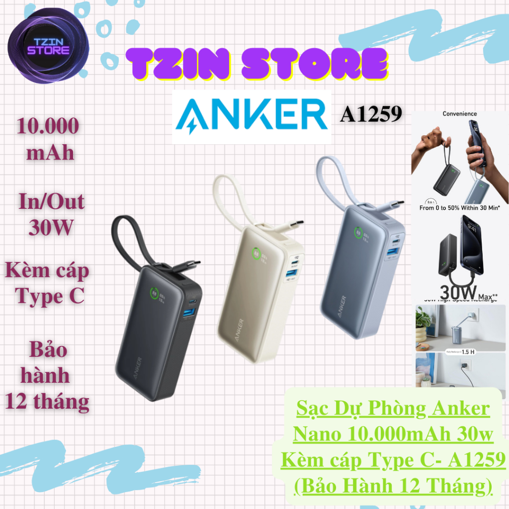 Sạc, Pin dự phòng Anker Nano 10.000mAh 30w Kèm cáp Type C hỗ trợ PD QC PPS- A1259 (Bảo Hành 12 Tháng