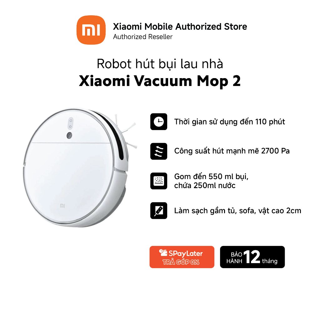 Robot hút bụi lau nhà Xiaomi Vacuum Mop 2 | 4 Cấp độ hút | Công suất hút 2700 Pa | Cảm biến thông minh | BigBuy360 - bigbuy360.vn