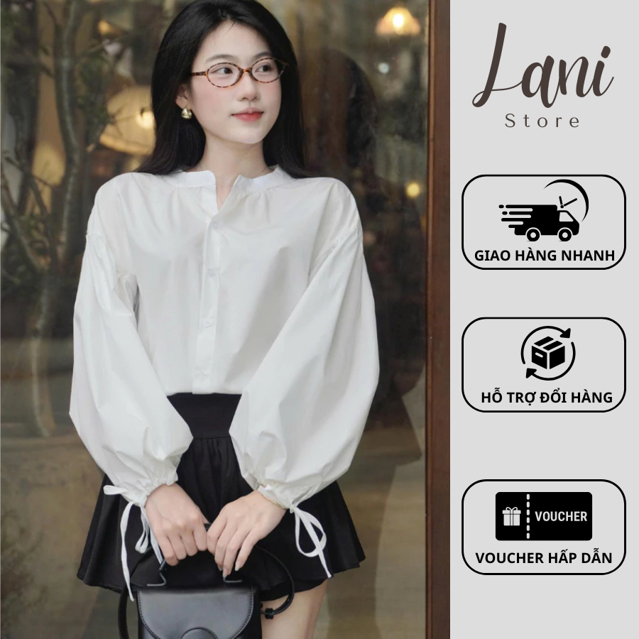 Áo Sơ Mi Nữ Cổ Tàu Form Rộng Thoáng Mát Lani, Áo Kiểu Tay Phồng Bo Chun Thắt Nơ Phù Hợp Đi Làm Đi Ch