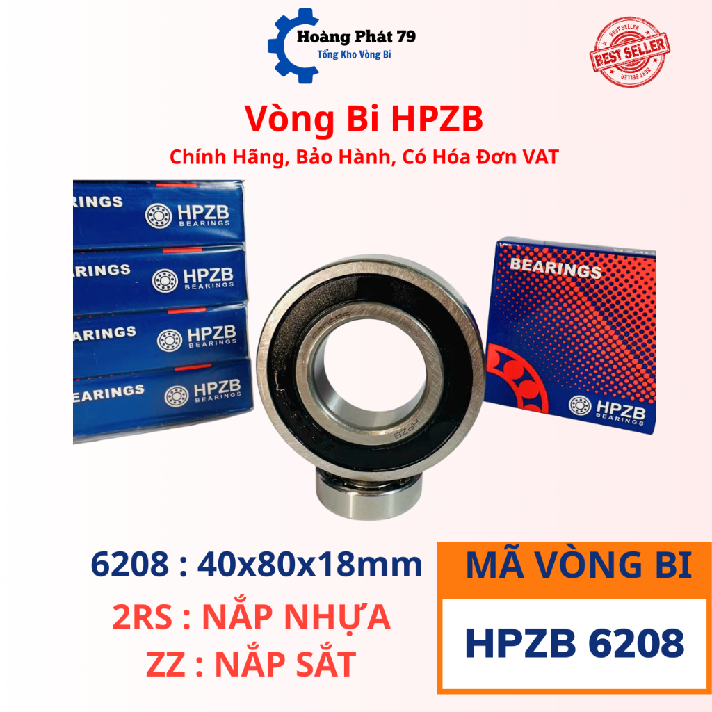 |CÓ HÓA ĐƠN VAT| Vòng bi HPZB 6208 [ZZ/2RS] Nắp Sắt/Nhựa-Bạc Đạn 6208 Chạy Êm, Giảm Ma Sát,Quay Mượt