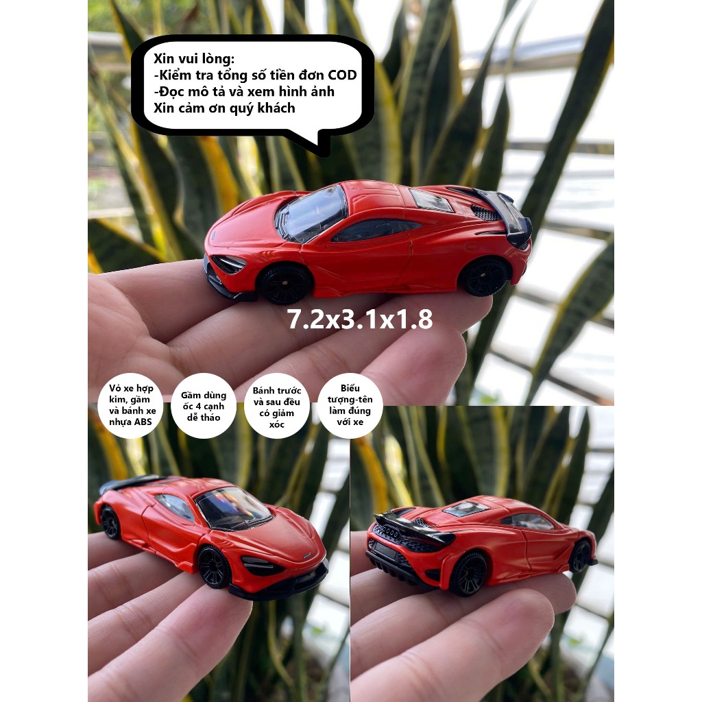 Mô hình xe 1:64 Mclaren 765LT vỏ hợp kim, gầm & bánh xe nhựa từ CCA chiều dài 7.2cm