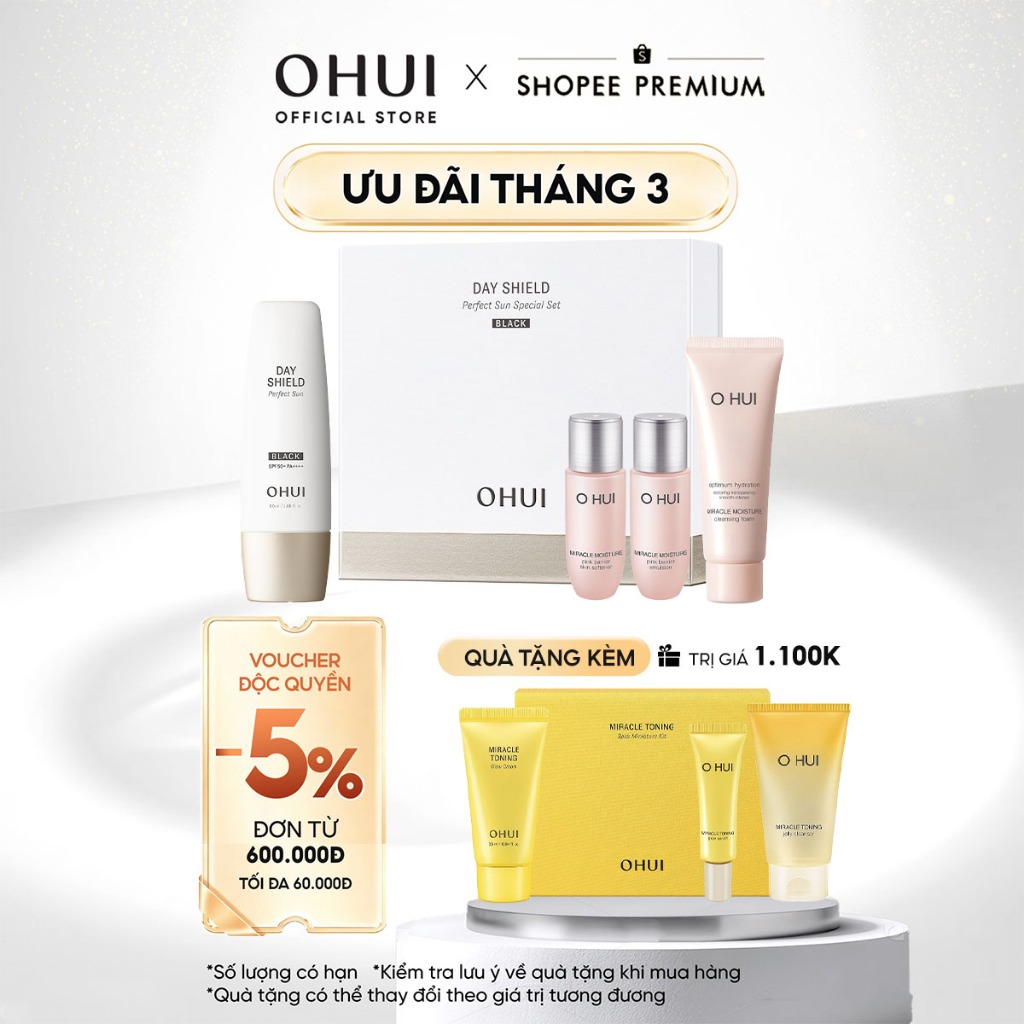 [OHUI Official] Bộ kem chống nắng dưỡng trắng 4 món OHUI Day Shield Perfect Sun Black SPF50+ PA++++ 