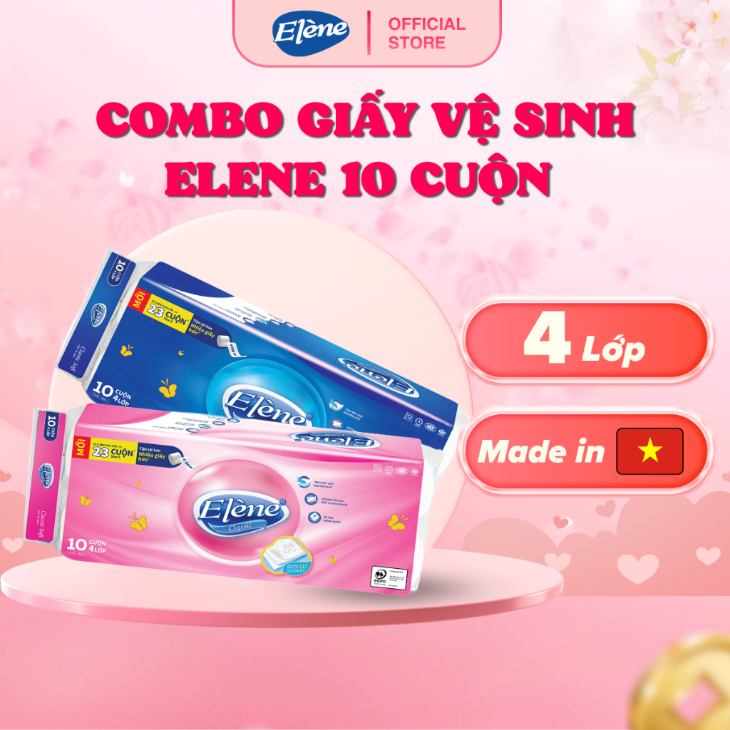 Giấy Vệ Sinh Elene 10 Cuộn 4 Lớp Cao Cấp, Mềm Mịn, An Toàn, Tan Ngay Trong Nước (Có Lõi/Không Lõi)