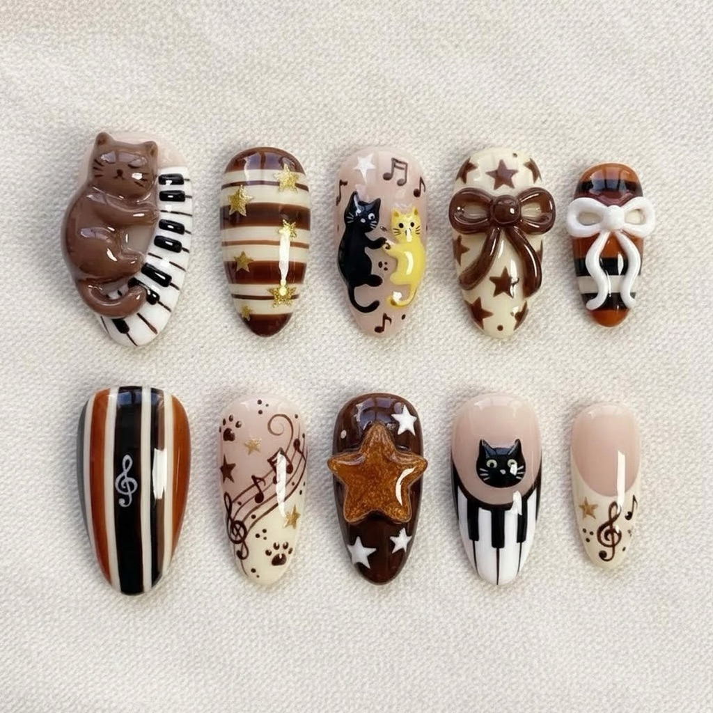 Nailbox- Nailbox Vintage Jazz Cat Press On Nails | 3D Music Note Bow Gel Art