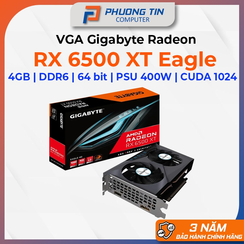 VGA Gigabyte Radeon RX 6500 XT Eagle 4GB DDR6 (GV-R65XTEAGLE-4GD) - Chính Hãng - Bảo hành 36 tháng