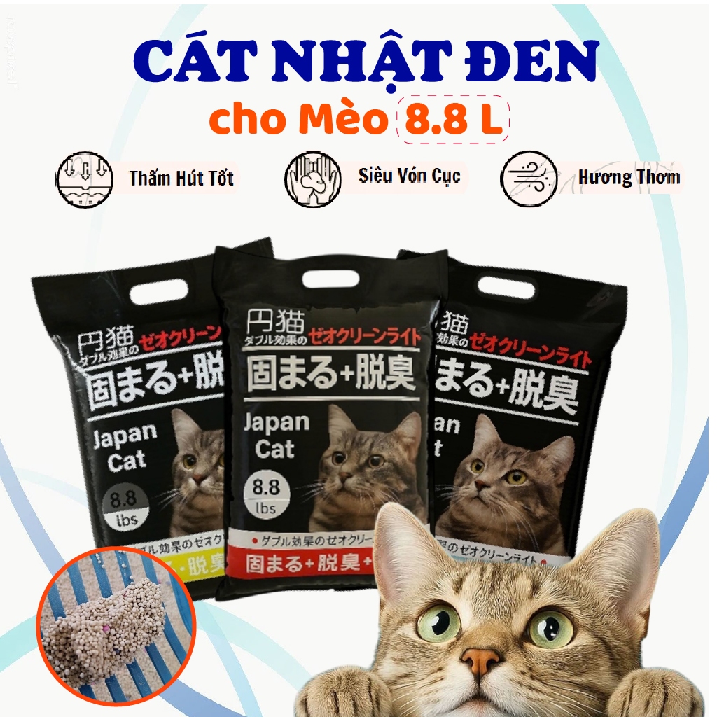 Cát vệ sinh cho mèo 4kg, cát nhật đen vón cục siêu tốt khử mùi ít bụi 8.8L