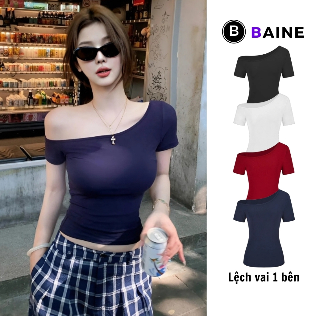 [XẢ HÀNG] Áo Thun Tay Ngắn TRỄ VAI 1 BÊN DÁNG DÀI Thun Gân Trơn BM247, Áo Thun Nữ Kiểu Lệch Vai Ôm B