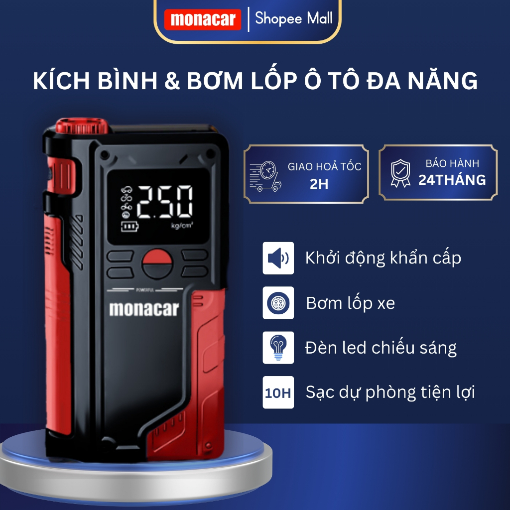 Kích bình ô tô monacar, bơm lốp ô tô kích bình ắc quy oto, 14.000 MAH đa năng, bảo hành 24 tháng