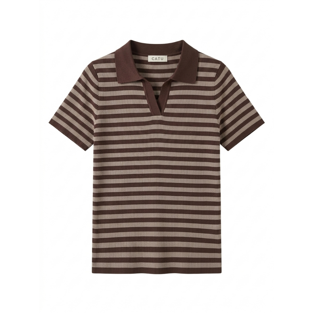 TUBYCATU Áo Polo Sọc Nâu Carmel Line Cổ Điển Thanh Lịch