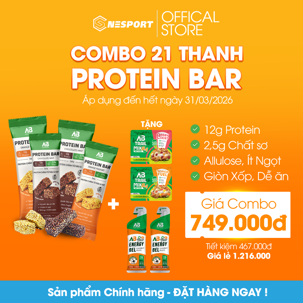 [Mua 21 Tặng 4] AB Protein Bar Nutrition 40g - Thanh Năng Lượng Protein Không Đường Cho Runner