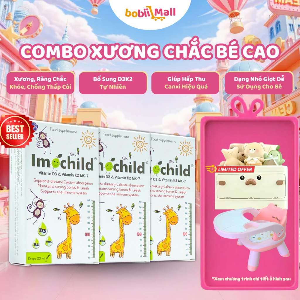 [✨3H TẶNG TỦ ĐỒ SƠ SINH] Bộ 3 Vitamin D3 K2 MK7 DHA Imochild Cho Bé Tăng Chiều Cao Xương Chắc Khỏe C
