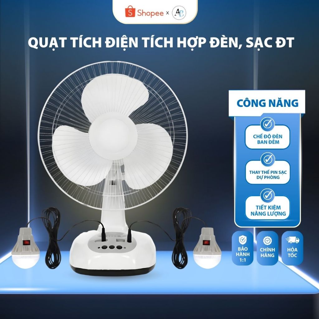 [Tặng 2 Bóng Đèn] Quạt Tích Điện Năng Lượng Mặt Trời ABHOME Dùng 8-10h Tích Hợp Đèn, Sạc Điện Thoại