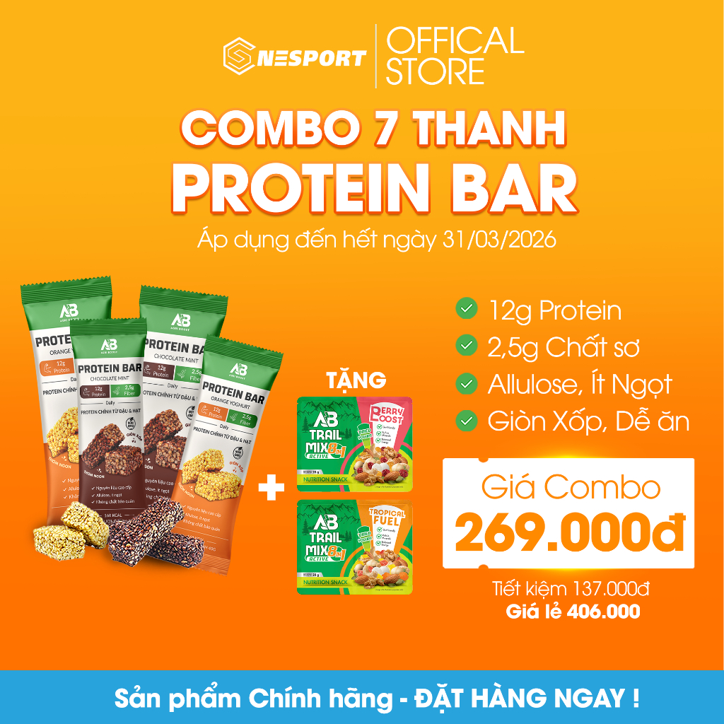 [Mua 7 Tặng 2] Combo 7 Thanh Protein Bar AB Nutrition - Bữa Phụ Giàu Protein, Ăn Vặt, Ăn Kiêng