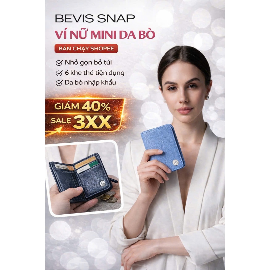 Ví Nữ Mini Da Bò BEVIS SNAP | Ví Nữ Nhỏ Gọn 6 Khe Thẻ | Ví Bấm Thanh Lịch Bỏ Túi