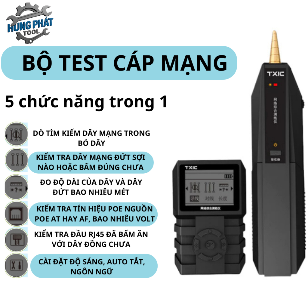 Máy dò dây mạng kiểm tra test cáp mạng, đo chiều dài, test POE hãng TXIC có màn LCD kiểm tra chính x