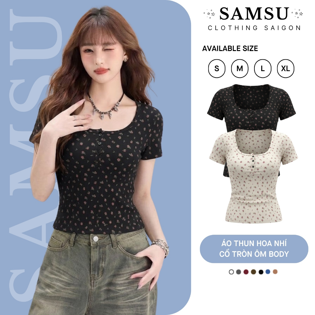 Áo Thun Nữ Cổ U Tay Ngắn Hoa Nhí Phong Cách Hàn Quốc Chất Thun Tăm Lạnh Ôm Body Bare Samsu.Clothing_