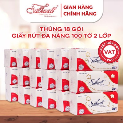 Thùng 18 gói Giấy rút đa năng Silkwell 100 tờ 2 lớp giấy siêu dai, không mủn giấy, giấy lau bếp