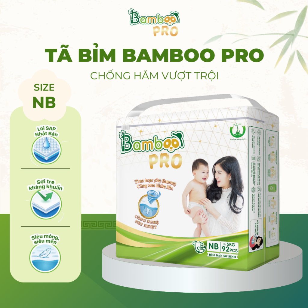 (Không Quà) Tã/Bỉm Quần/Dán Bamboo Pro Sợi Tre Kháng Khuẩn Thấm Hút Tốt Cho Bé - Bịch 92 Miếng Size 