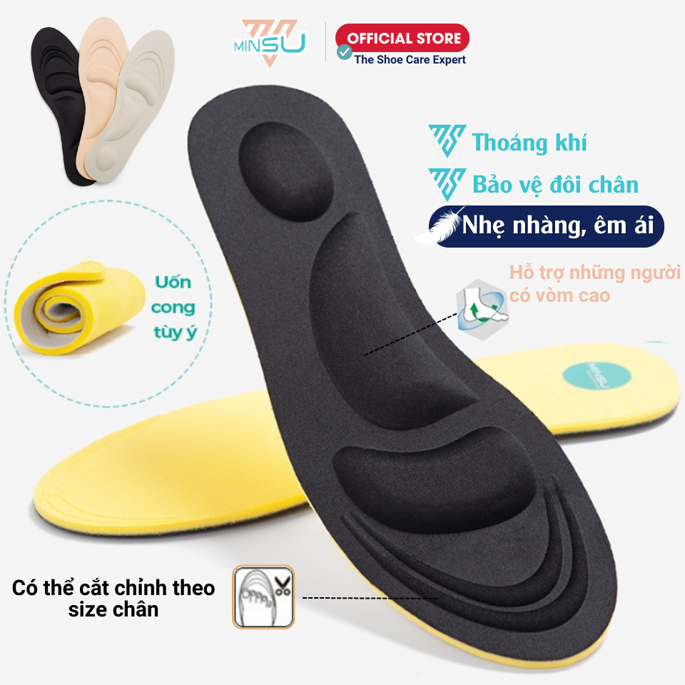 Lót Giày Thể Thao Sneaker Bảo Vệ Chân Nam Nữ 4D MINSU M2312 Cao Su EVA Thấm Hút, Khửi Mùi Hôi Chân, Miếng Đệm Cực Êm