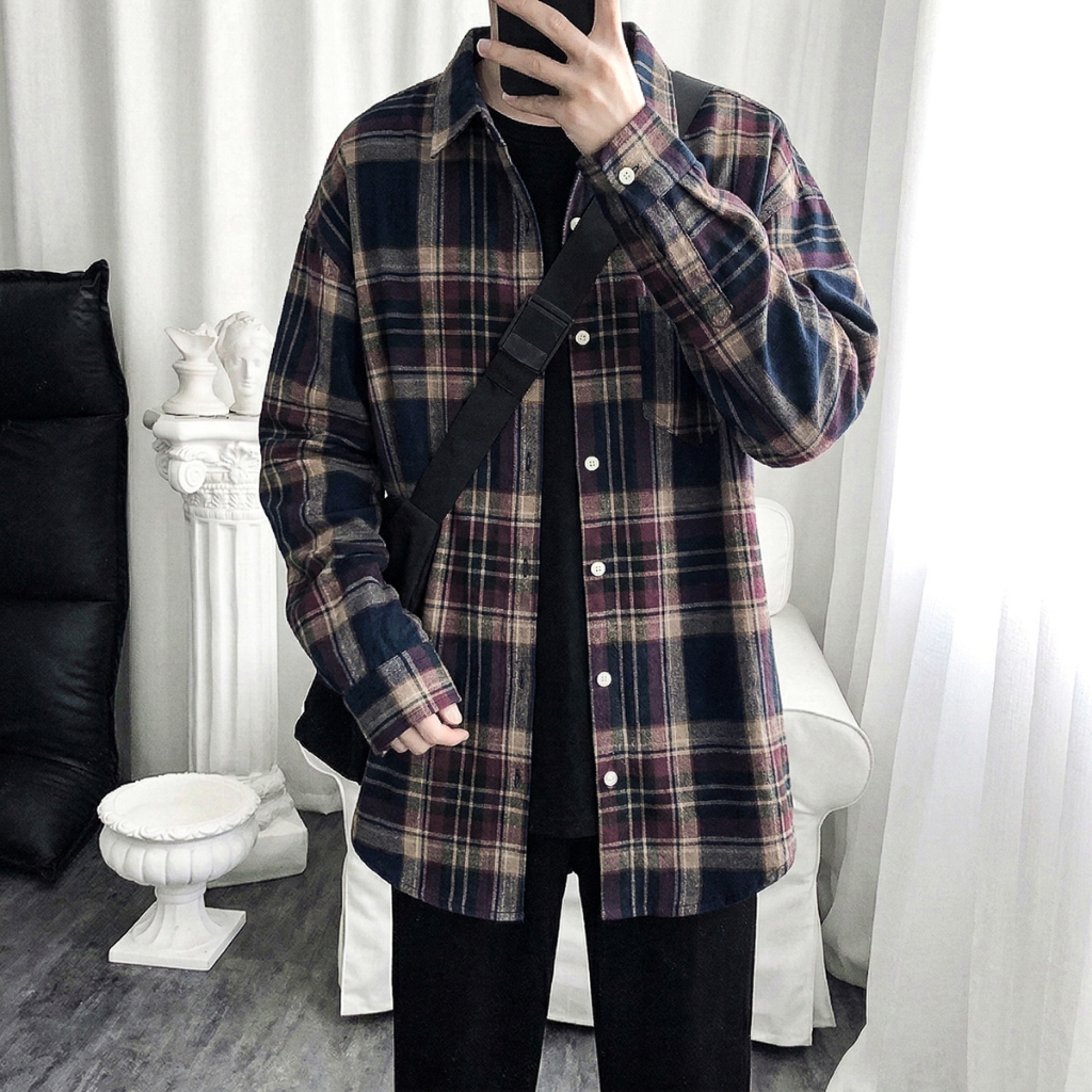 Áo Sơ Mi Dài Tay, Họa Tiết Kẻ Caro, Dáng Rộng Unisex Nam Nữ, Chất Đẹp, Hàng Quảng Châu - AD40