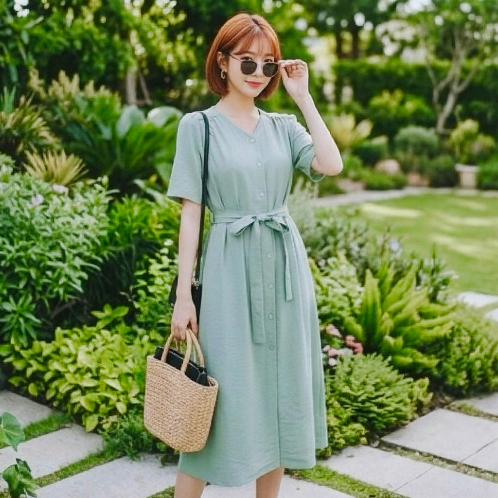 Đầm váy suông mint cột eo, váy midi dạo phố (kèm hình thật)