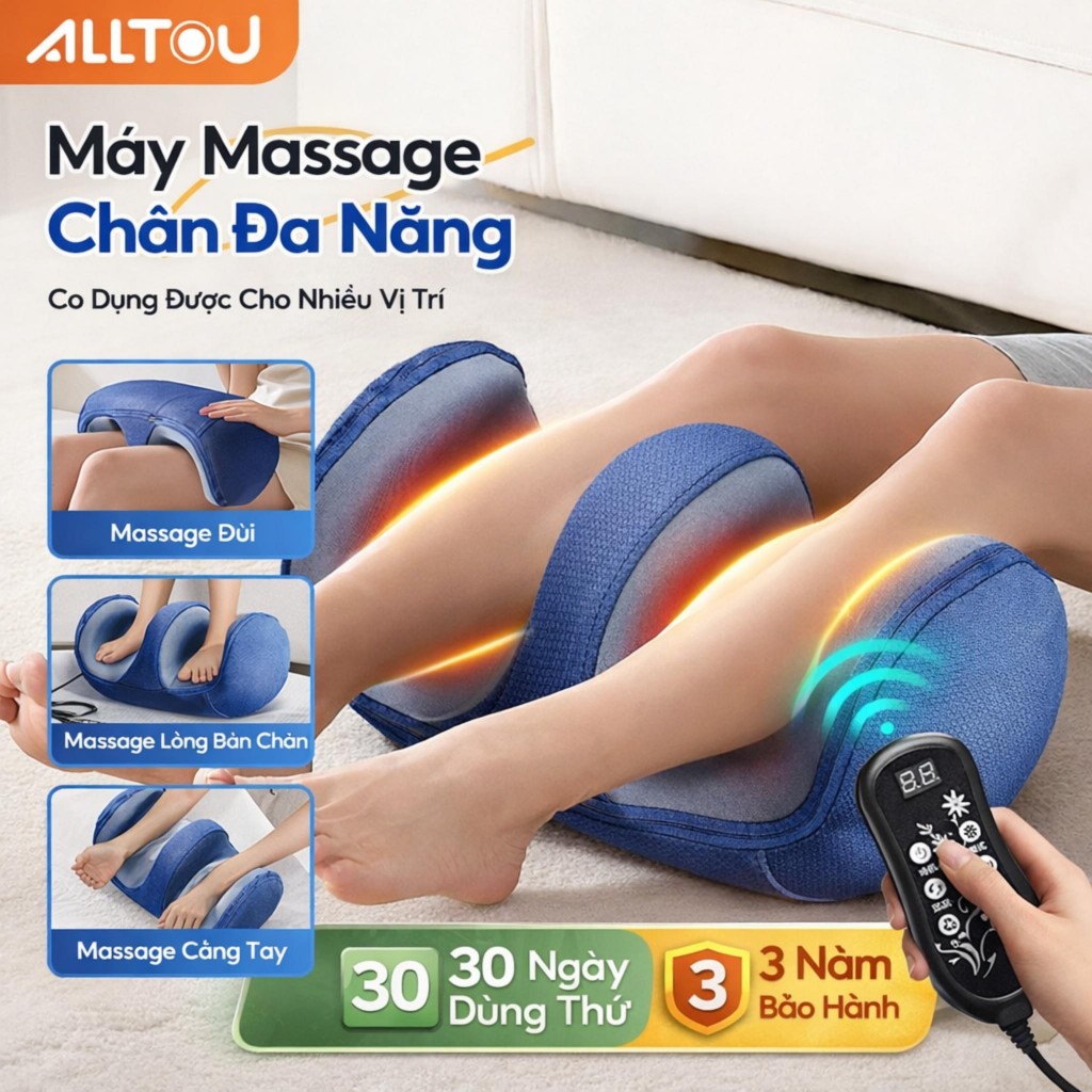 ALLTOU Máy Massage Chân Bấm Huyệt 3D Cao Cấp, Tự Động Xoa Bóp 3 Chế Độ, Kèm Chườm Nóng Giảm Đau Mỏi
