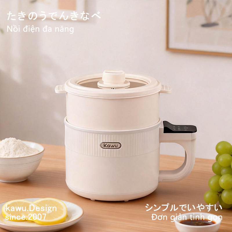 KAWU Nồi điện đa năng 2L  kèm khay hấp 450W cảm ứng 8 chức năng Chống Dính Gốm Ceramic  Nồi lẩu điện