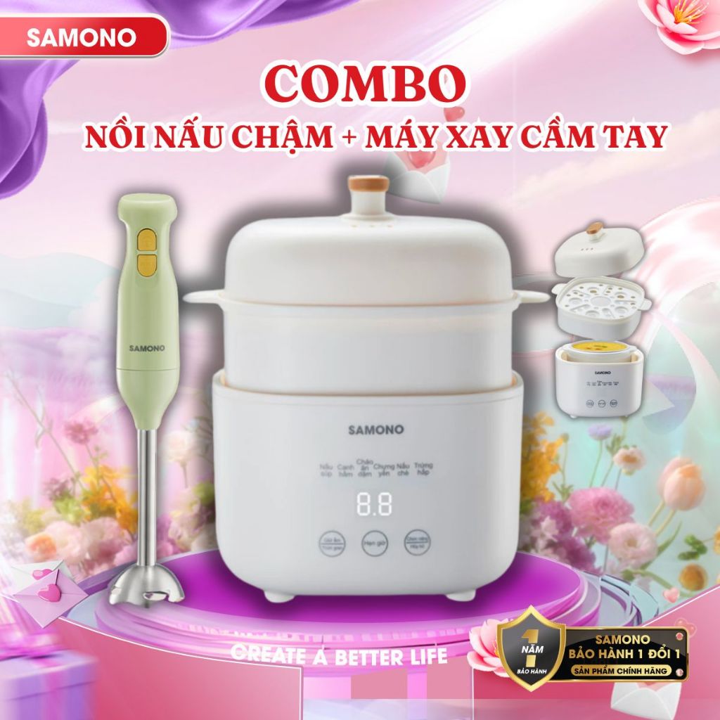 Combo nồi nấu cháo chậm Samono 1 Lít SW-SC10 và máy xay cầm tay SW-HB200A - BH 1 năm