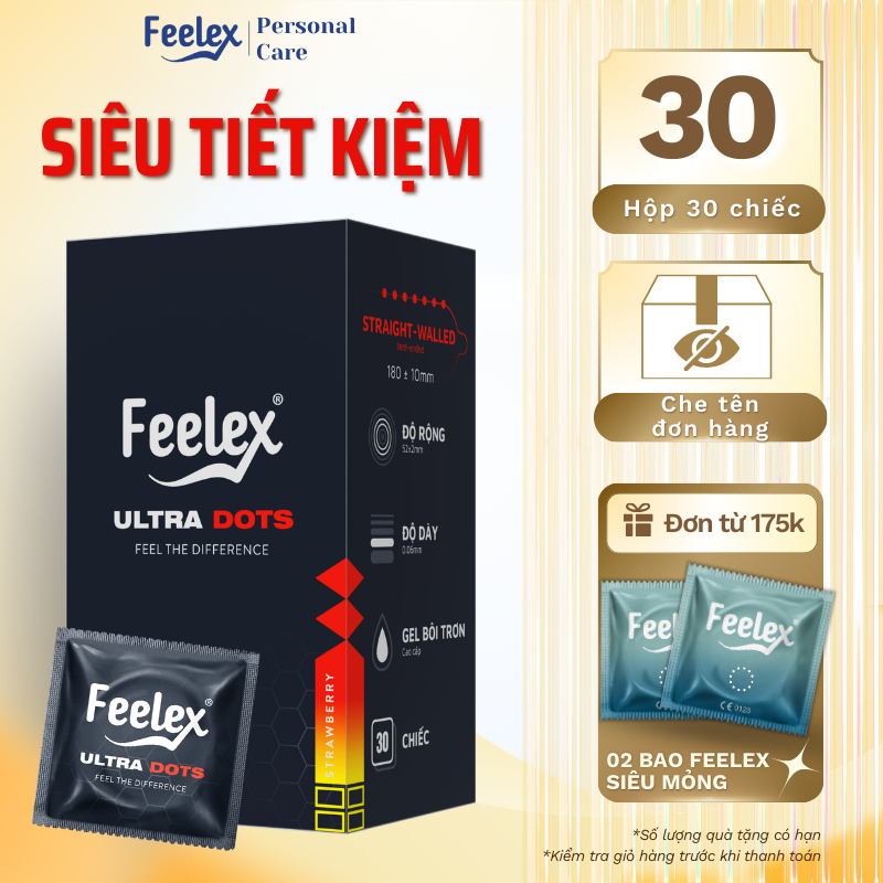 Hộp 30 chiếc bao cao su Feelex gân gai, siêu mỏng, kéo dài thời gian, siêu tiết kiệm