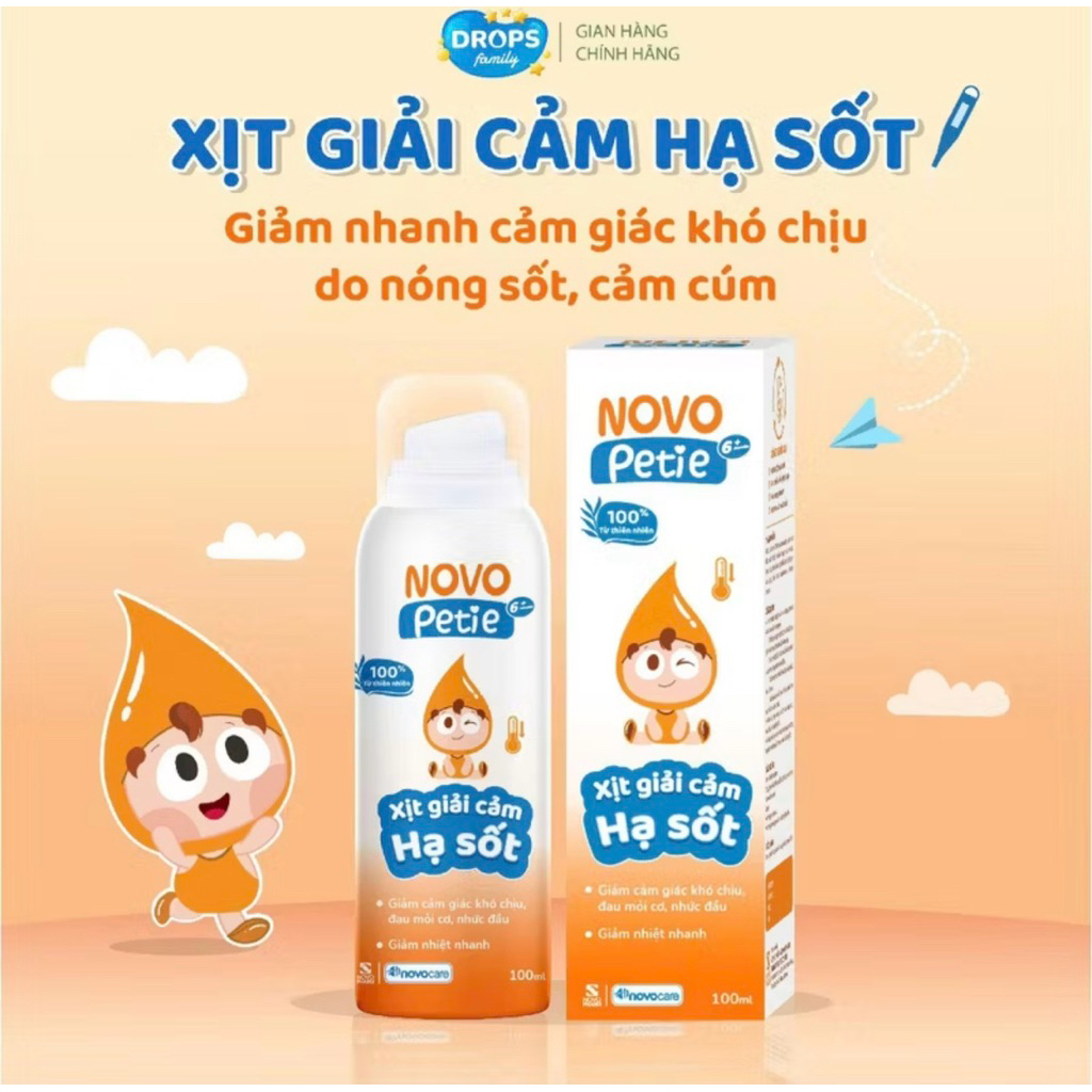 Xịt hạ sốt giải cảm thảo dược Novo Petie 100ml cho bé – hương nhu, gừng, lô hội