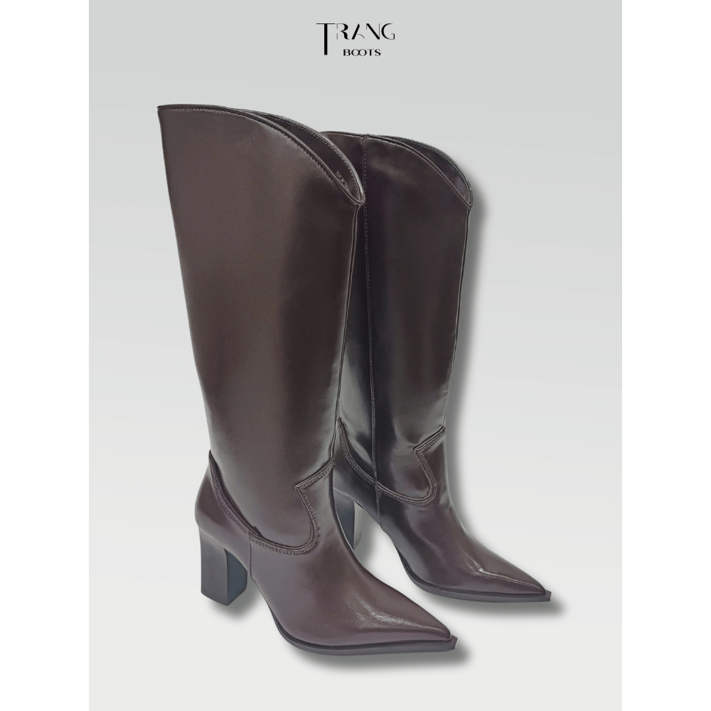 KNEE HIGH BOOTS COWBOY  CỔ BẤT ĐỐI XỨNG NÂU ĐẬM