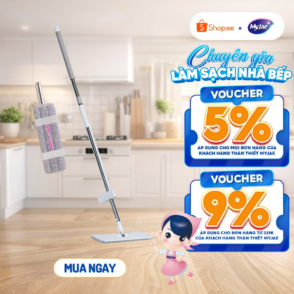 Cây Lau Nhà MyJae Đài Loan Sợi Polyester Kéo Vắt Thông Minh 360 Độ 125cm Tiện Lợi