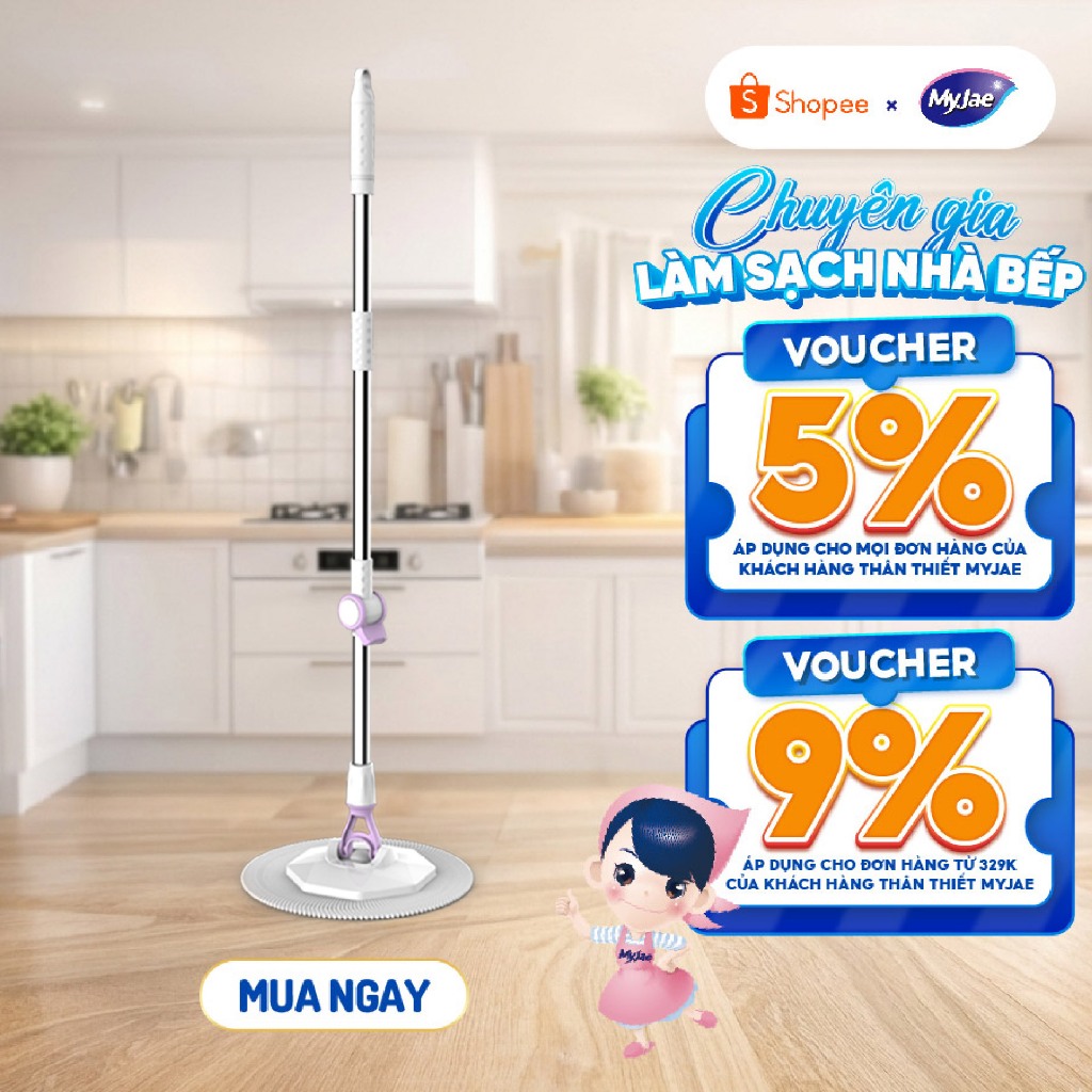 Cây Lau Nhà Đơn MyJae Sợi Microfiber Xoay 360 Độ Phù Hợp Cho Nhiều Loại Thùng Lau Dài 134
