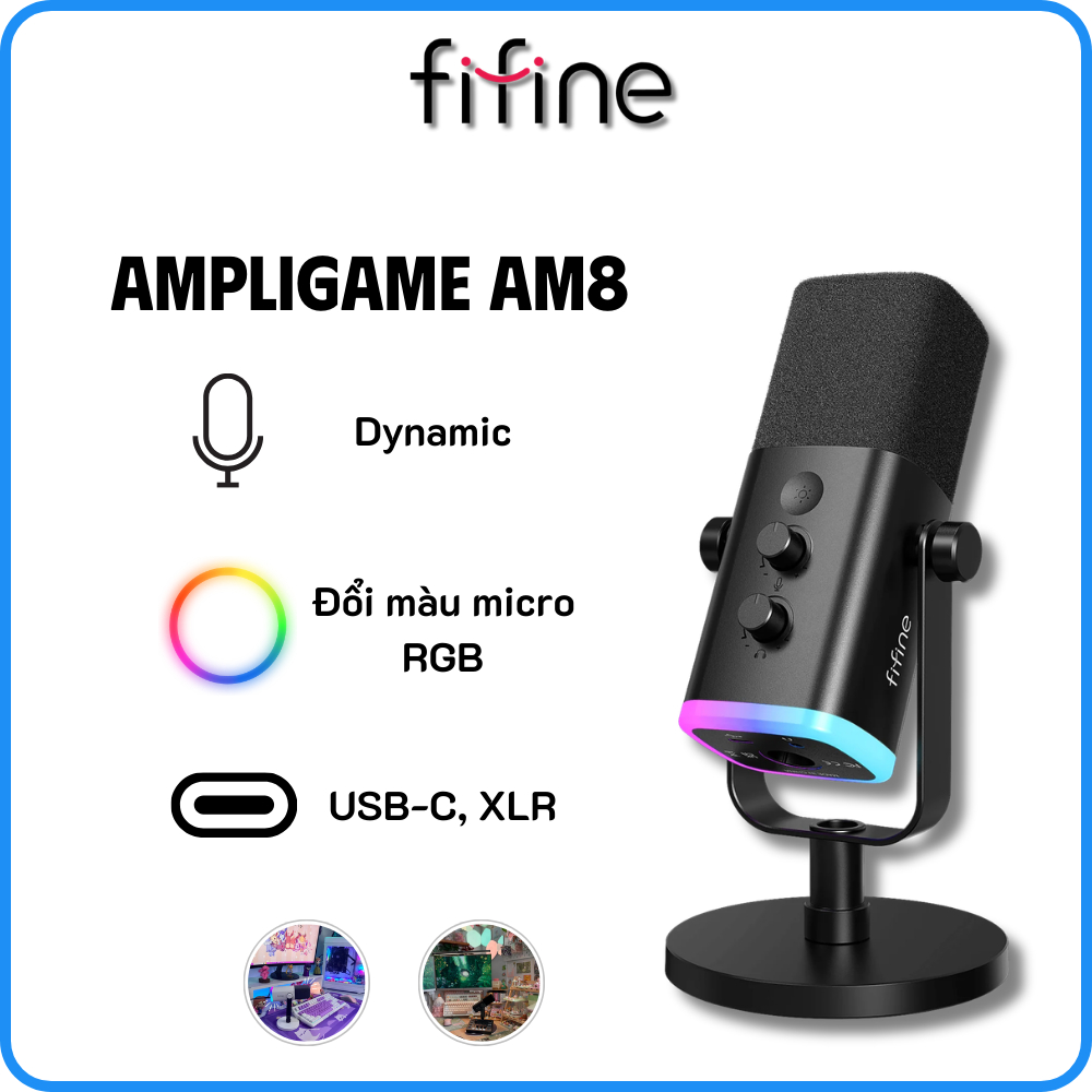 FIFINE AM8 RGB - Mic Thu Âm Dynamic, Mic Gaming, Mic Livestream Đổi Màu RGB, Có Dây Cổng USB / XLR -