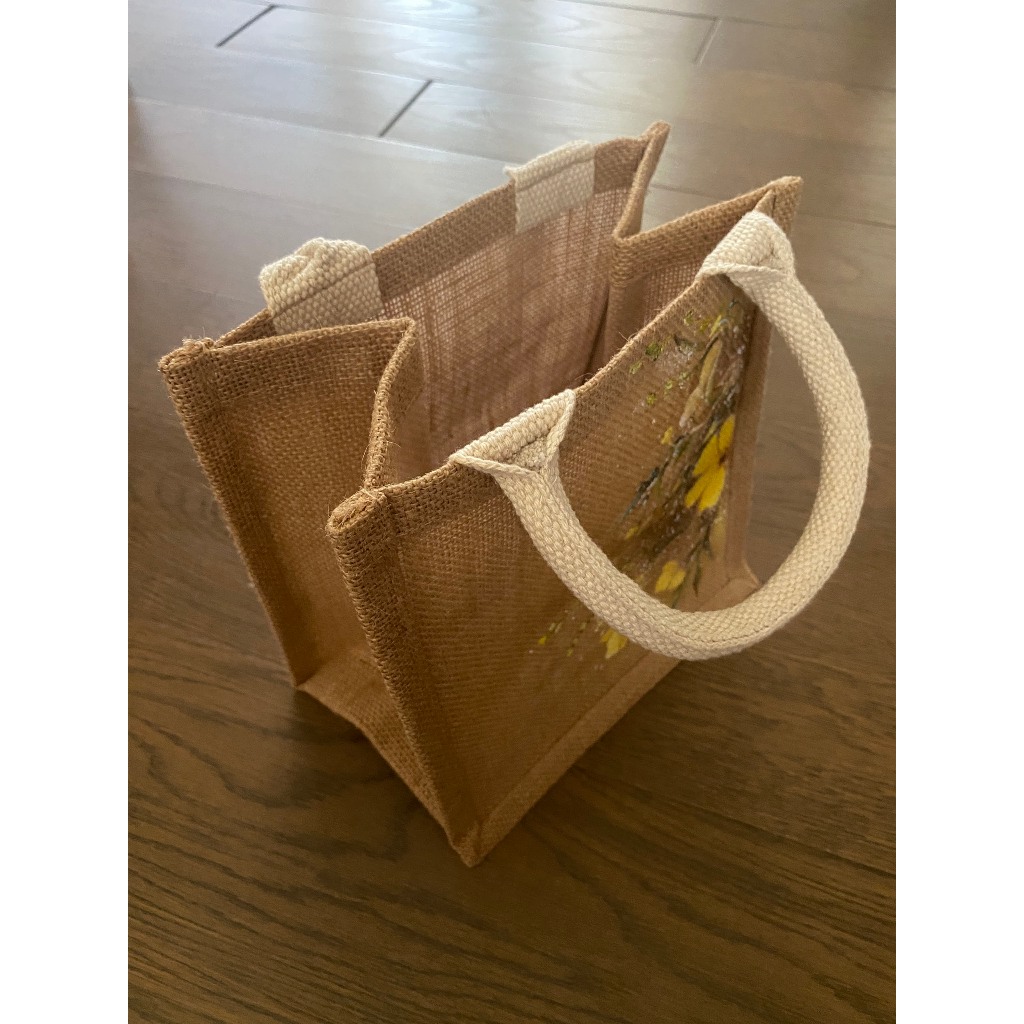 Túi vải lanh sợi đay, Vẽ tay Hoa Vàng sắc sảo trên Jute My Bag A6 Vải Sợi Đay MUJI Handcraft Paintin