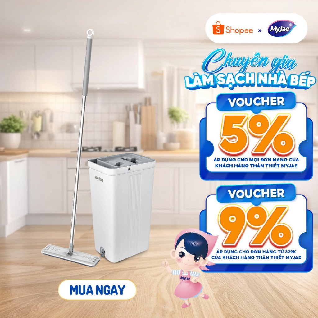 Cây lau nhà tự vắt thông minh xoay 360 độ MyJae kèm thùng 2 ngăn sàn nhà sạch nhanh khô thoáng