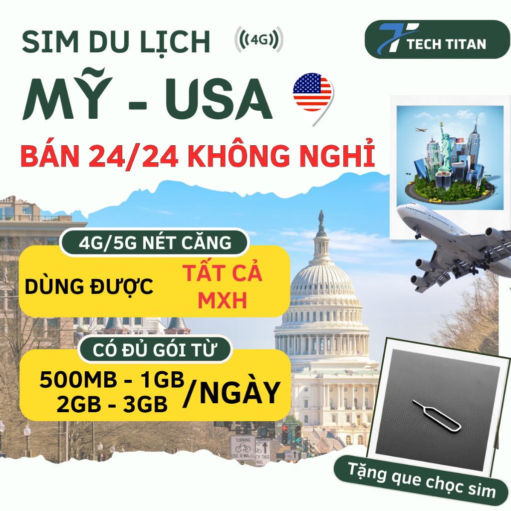 [4G/5G] Sim Du Lịch Usa - Mỹ, Mạng T-Mobile nét căng Data/Ngày, Thiết kế sim THEO TOUR, CÓ ESIM