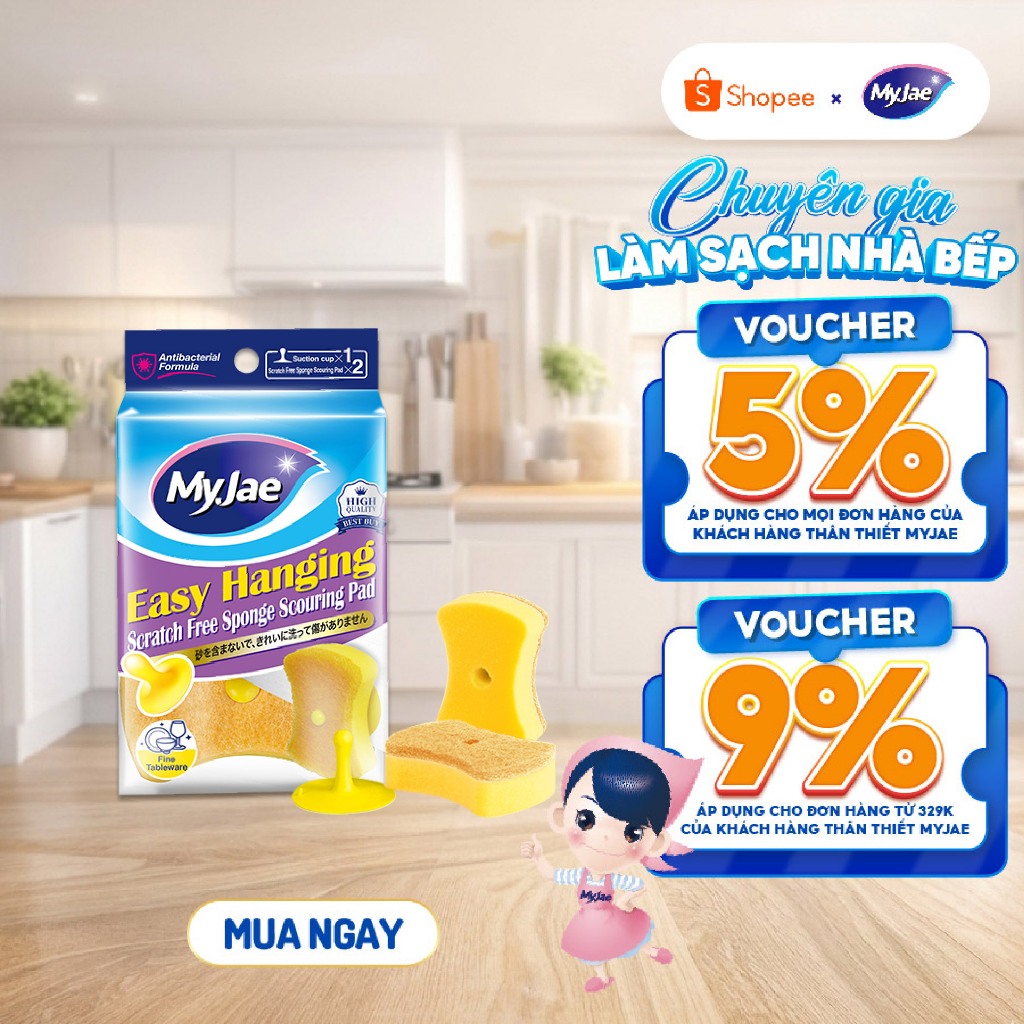 Miếng bọt biển rửa chén MyJae 2 mặt, mút xốp rửa bát đa năng kèm miếng nhựa hít kê (2miếng/gói)