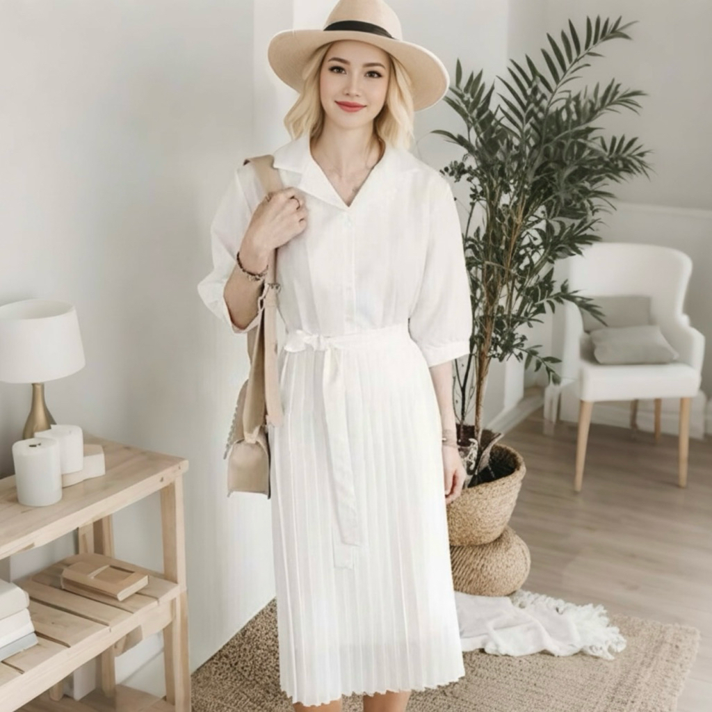 Đầm midi màu trắng cổ vest dập li, váy công chúa dự tiệc (kèm hình thật)